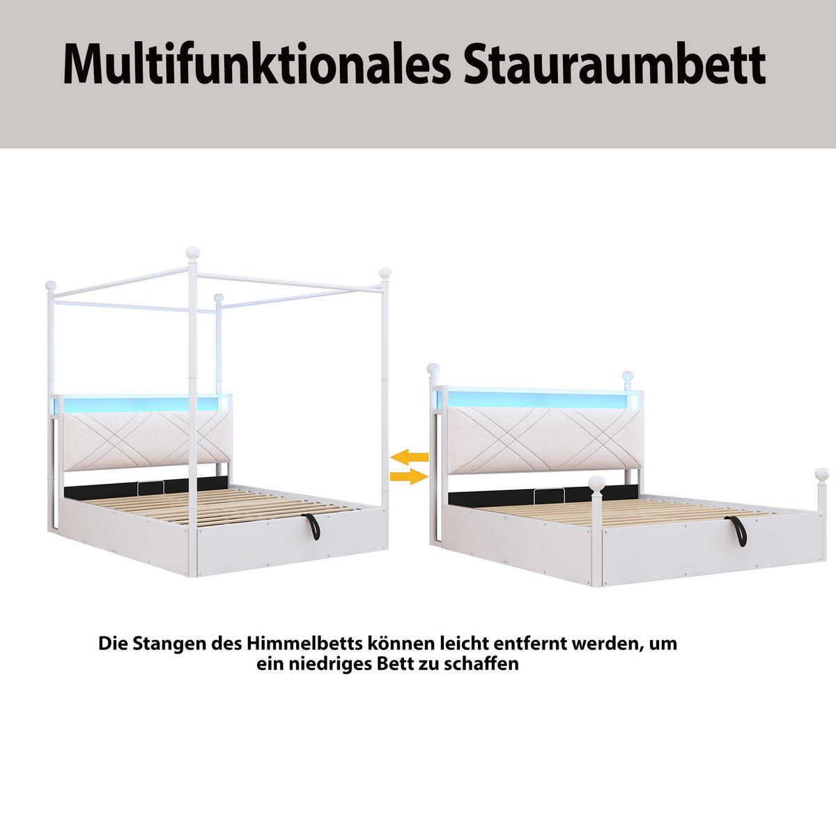 METALNI krevet 140/190 cm s uklonjivim baldahinom, LED osvjetljenjem, USB/Type-C priključcima i spremištem, Bijela - bijela, metal (140/190cm) - Redom