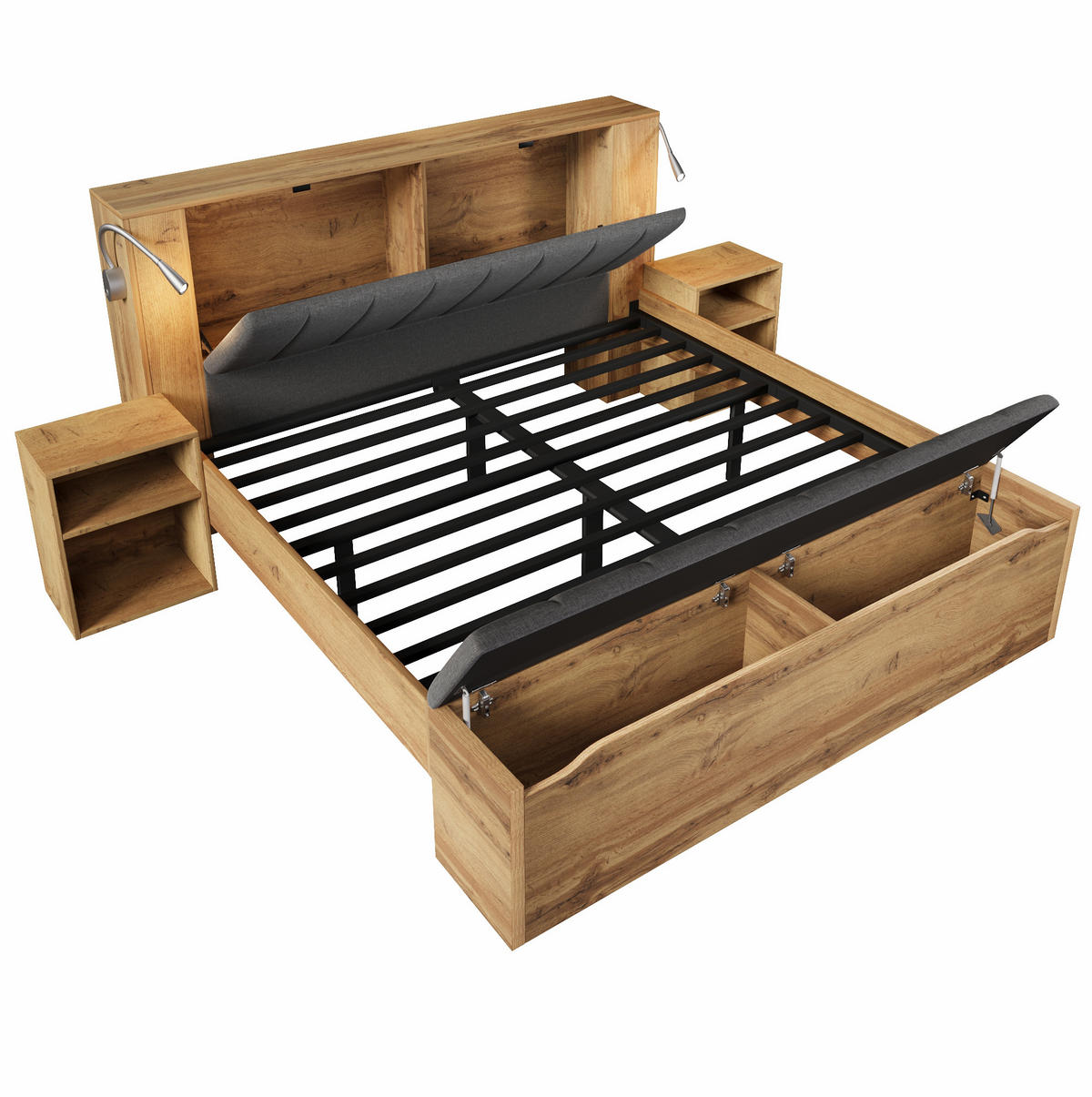 BETT 180/200 cm in Eiche mit Nachttischen, Bettbank und USB-Leselampen - Eichefarben, Holzwerkstoff (180/200cm) - Flora Grace