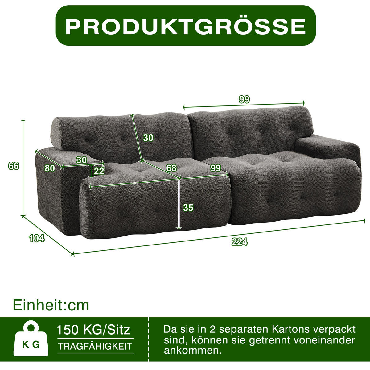 SOFA 2-Sitzer modular 224 x 104 cm Chenille Grey - Dunkelgrau, Holzwerkstoff (104/66/224cm) - Meubliv