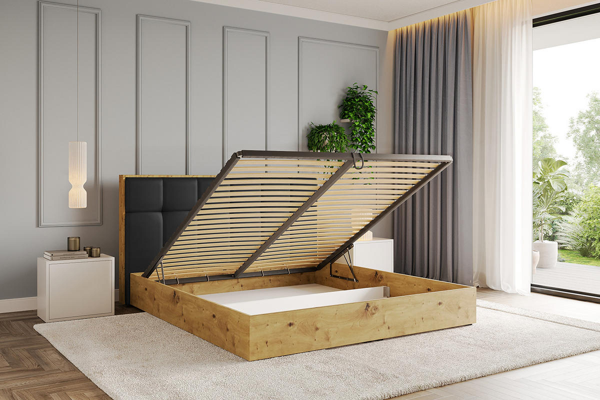 POLSTERBETT mit Bettkasten und Lattenrost, Bett mit Matratze H3/H4 - ENZO7 200x200 Schwarz Kunstleder - Schwarz Hochglanz, Holzwerkstoff/Textil (200/200cm) - ALTDECOR