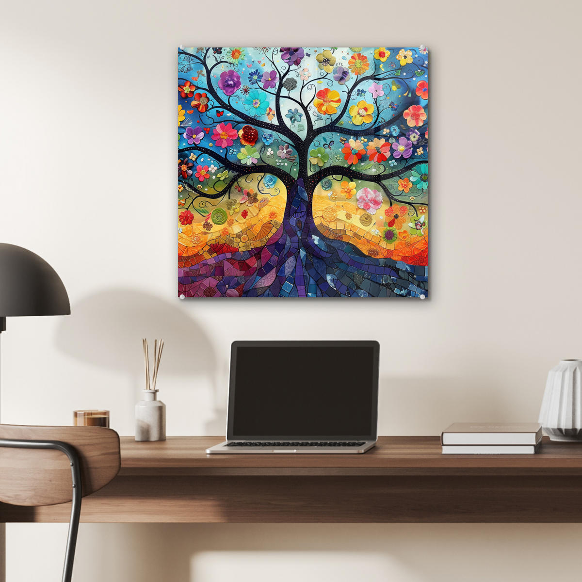OBRAZ NA AKRYLOVOM SKLE Umenie - Strom života - Kvety - Hippie 50x50 cm - tmavomodrá, sklo (50/50cm) - MuchoWow