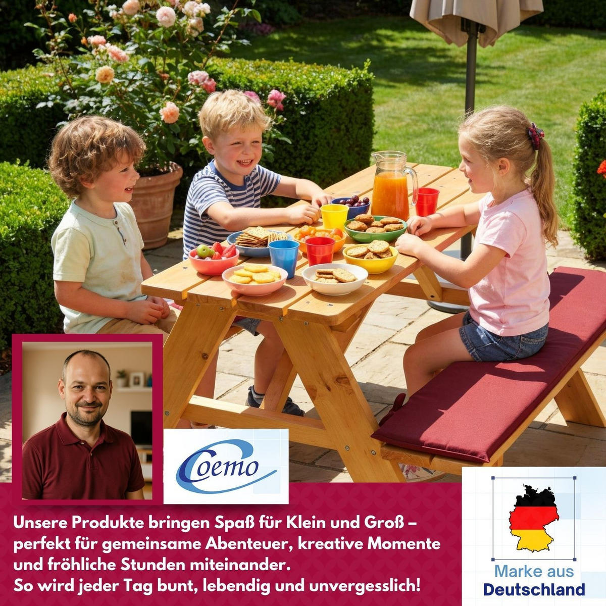 KINDERSITZGRUPPE GARTEN Holz mit Sitzauflagen Farbe Rotbraun 89/79/50 cm - Braun, Holz (79/50/89cm) - Coemo