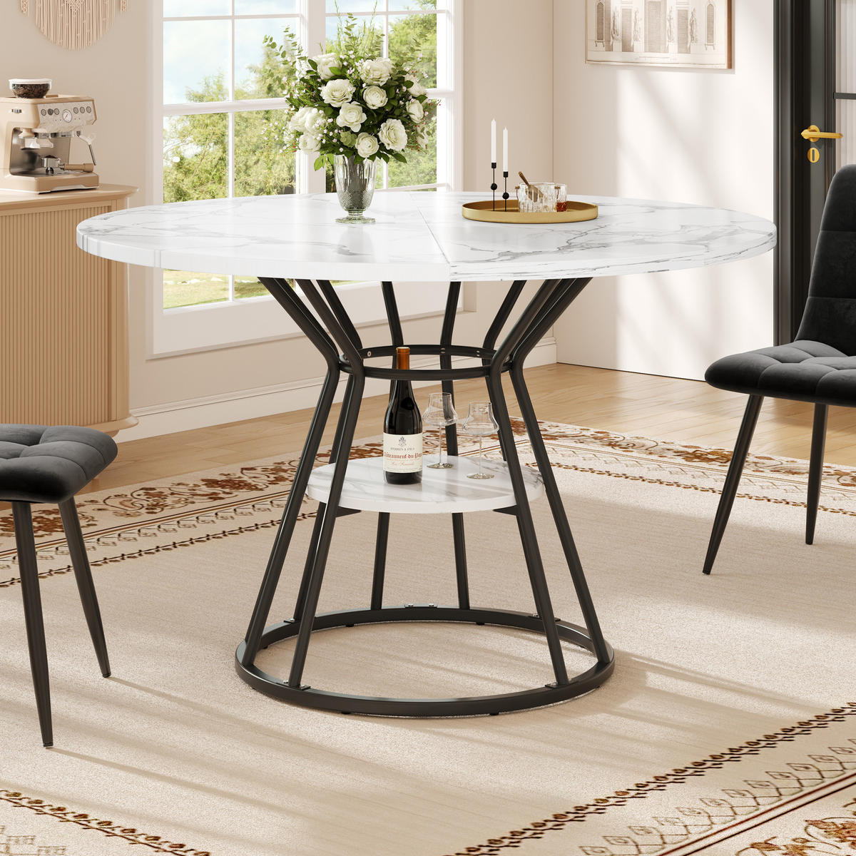 ESSTISCH 100/100/76 cm schwarz mit Ablage und verstellbaren Füßen aus MDF und Metall - Schwarz, Holzwerkstoff (100/100/76cm) - OKWISH