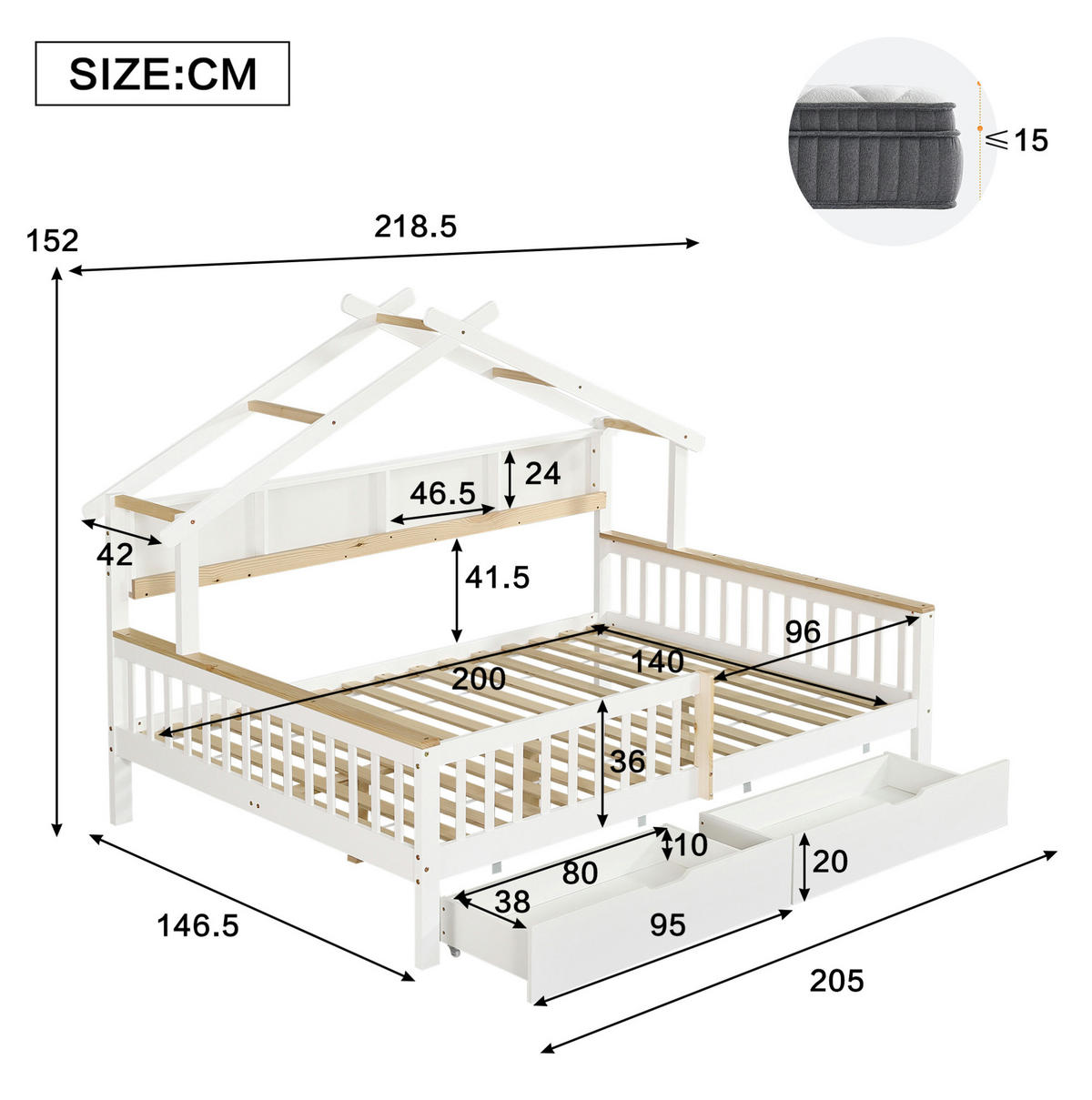 KINDERBETT 140/200 cm Weiß/Natur mit Dach, Fallschutz und 2 Schubladen - Weiß, Holz (140/200cm) - MIVRAY