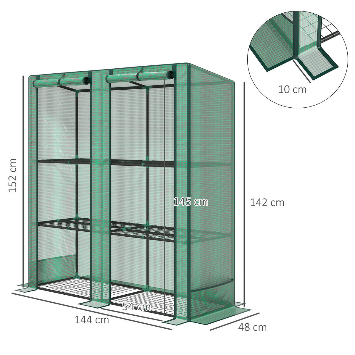 GEWÄCHSHAUS, 144L x 48B x 152H cm - Grün, Kunststoff/Metall (48/152/144cm) - Outsunny