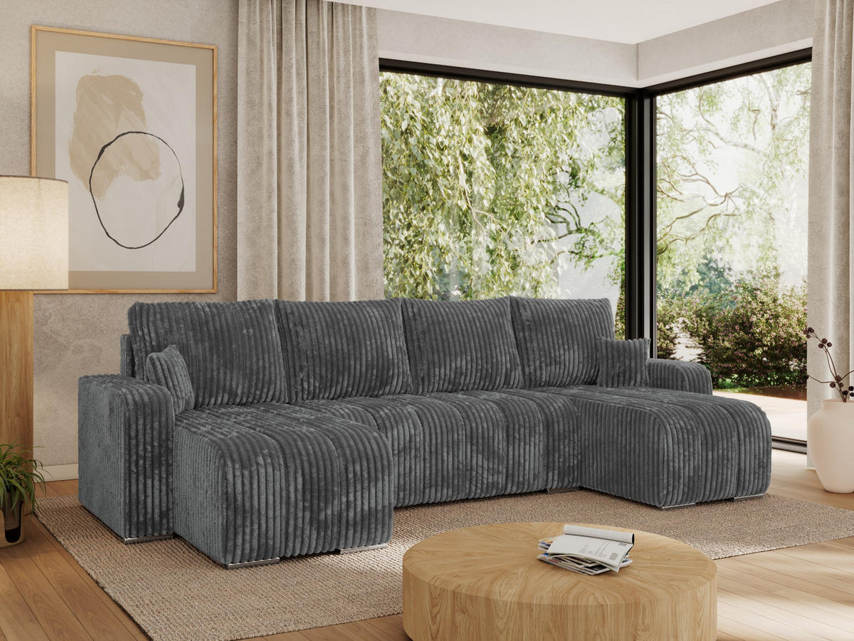 WOHNLANDSCHAFT KIRASSO U Dunkelgrau Cord - Dunkelgrau/Grau, Textil/Metall (320/86/147cm) - MKS
