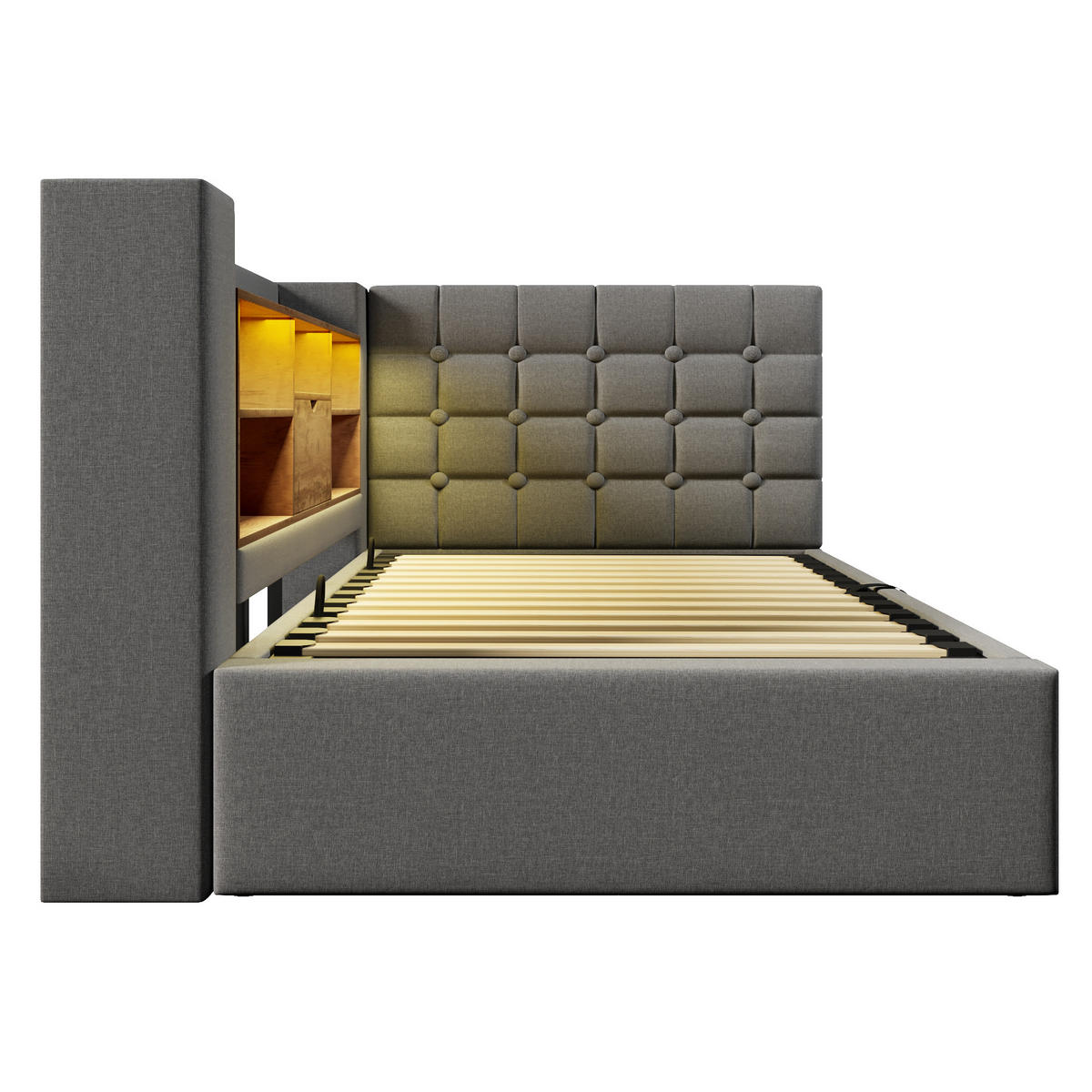 POLSTERBETT 90/200 cm mit LED-Beleuchtung, USB-Anschlüssen, hydraulischem Stauraum und L-Kopfteil, Grau - Grau, Textil (90/200cm) - Redom