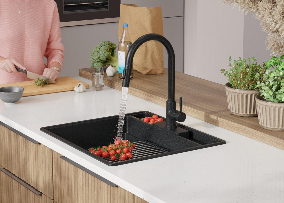 SPÜLBECKEN New York, 2-er set Anthrazit 58/53 cm 1 Becken + Ablauf-Set + Küchenzubehörset ab 60er Unterschrank - Chromfarben/Anthrazit, Kunststoff (58/20/53cm) - Primagran