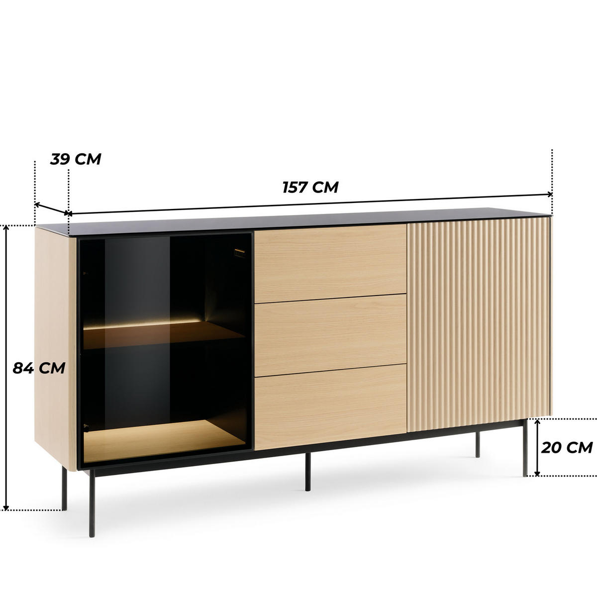 SIDEBOARD DIJON KSZ157 157 cm (Vicenza Eiche, Glasplatte, Antisol-Glas, LED) - Eichefarben/Schwarz, Glas/Holz (157/84/39cm) - Ravio