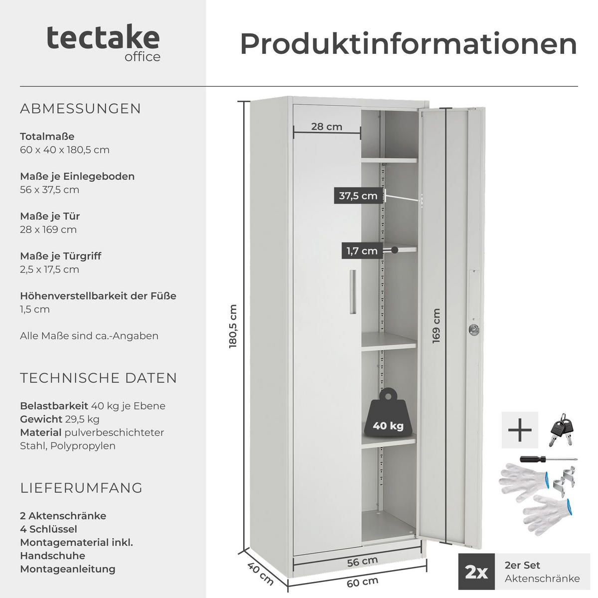 AKTENSCHRANK Brandon, Kippschutz, höhenverstellbare Füße, grau - Grau, Metall (60/180.5/40cm) - tectake