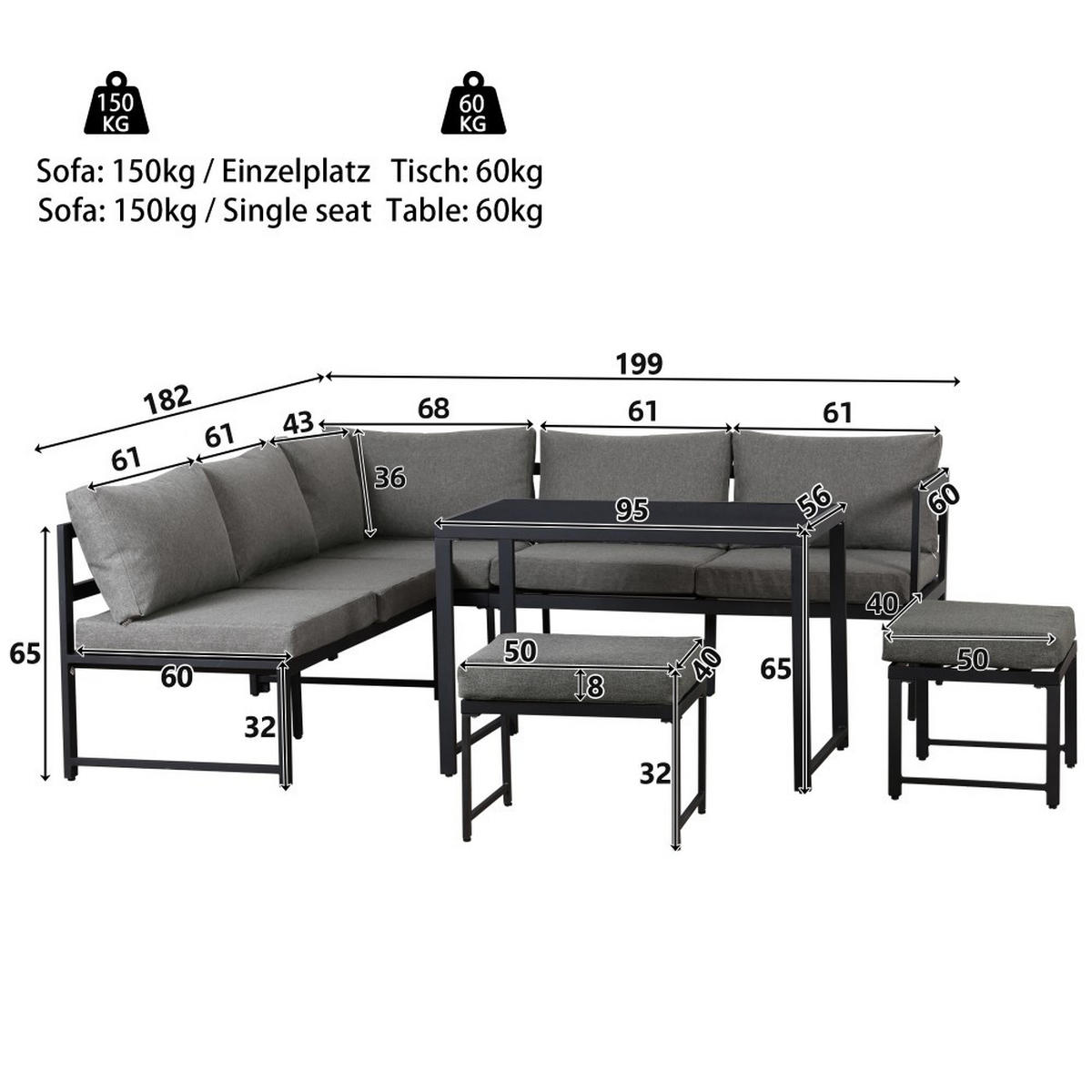 GARTENLOUNGE-SET mit Liegefunktion, Grau - Grau, Metall - KOMHTOM