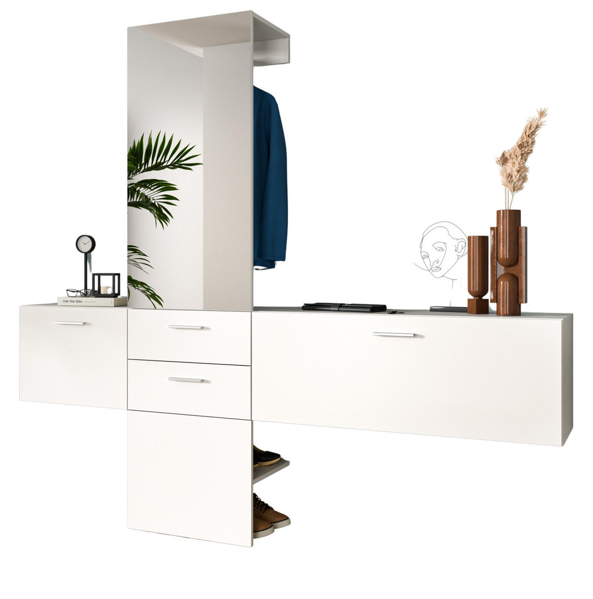 GARDEROBE Set 3-teilig weiß 208 cm, Komplettset mit Spiegel - Silberfarben/Weiß, Glas/Holzwerkstoff (208/190/36cm) - Inn.Furn