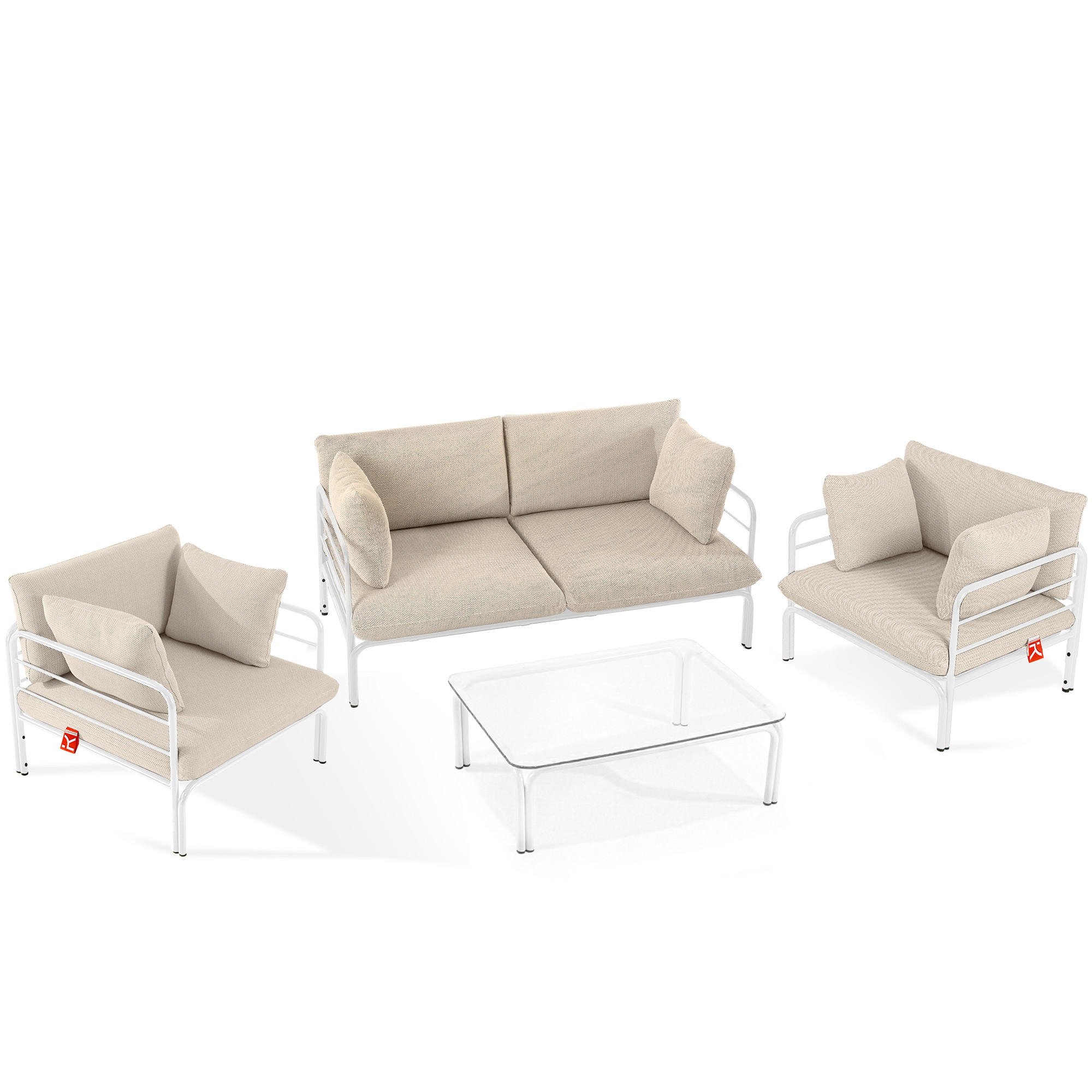 GARTENMÖBELSET RAMBE 4-tlg. 1x Tisch 2x Sessel 1x Sofa 2-Sitzer, mit Kissen, LOFT-STIL, Weiß - Beige/Weiß, Glas/Textil - KONSIMO®