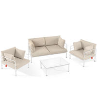 GARTENMÖBELSET RAMBE 4-tlg. 1x Tisch 2x Sessel 1x Sofa 2-Sitzer, mit Kissen, LOFT-STIL, Weiß - Beige/Weiß, Glas/Textil - KONSIMO®