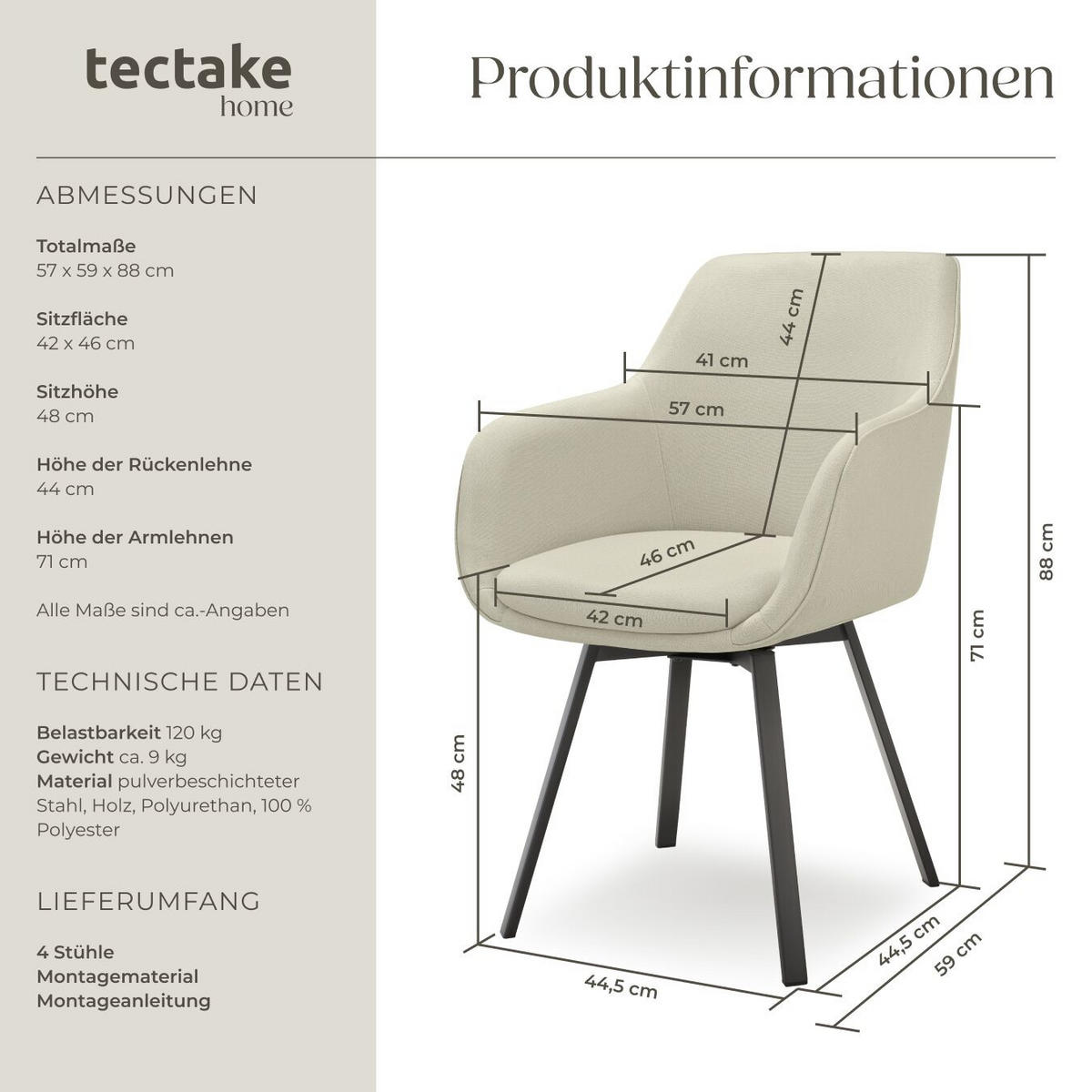 ARMLEHNSTUHL drehbarer 4er Set Alicon 57 x 59 x 88 cm greige - Greige, Textil (57/88/59cm) - tectake
