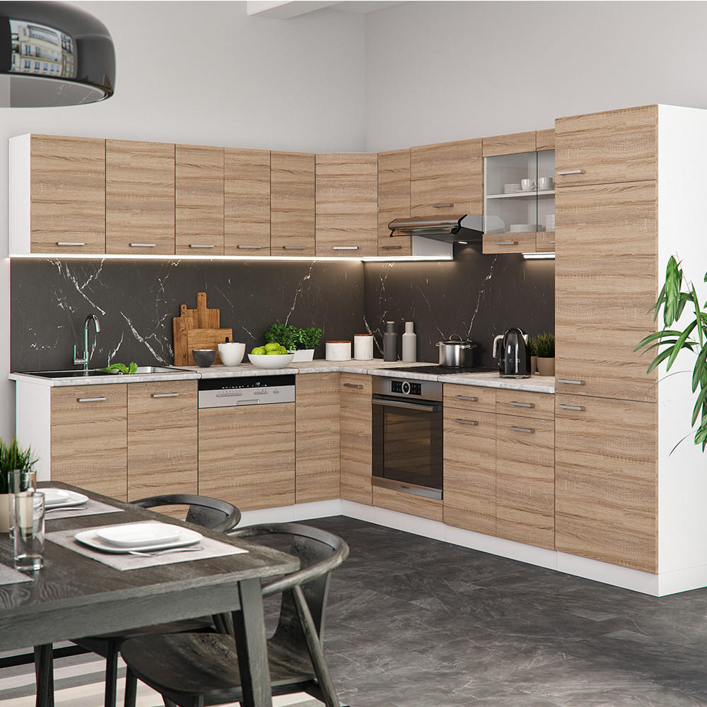 ECKKÜCHE R-Line Sonoma 227 x 287 cm, AP Marmor - Weiß/Sonoma Eiche, Holzwerkstoff (287/81.6/60cm) - Vicco