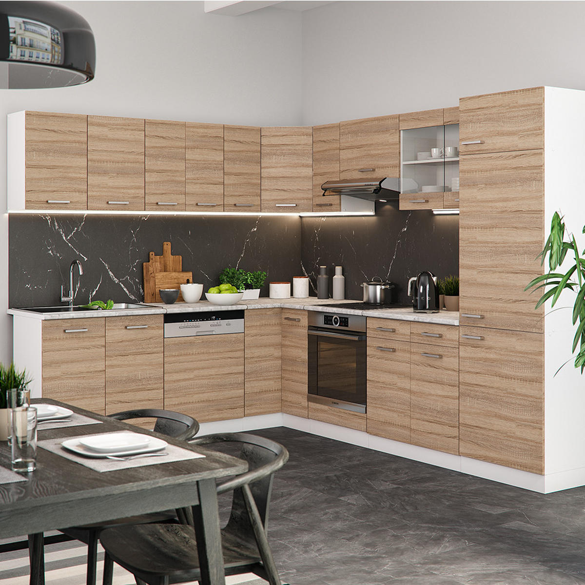 ECKKÜCHE R-Line Sonoma/Weiß 227 x 287 cm, AP Anthrazit - Weiß/Sonoma Eiche, Holzwerkstoff (287/81.6/60cm) - Vicco
