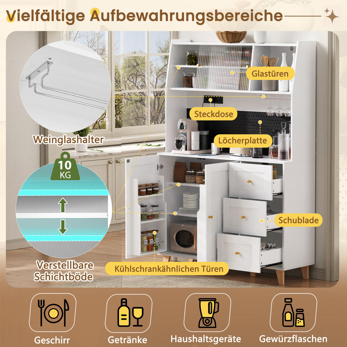 BUFFET 120/40/184 cm weiß aus MDF mit Steckdosen und Lochplatte - Weiß, Holzwerkstoff (120/184/40cm) - OKWISH