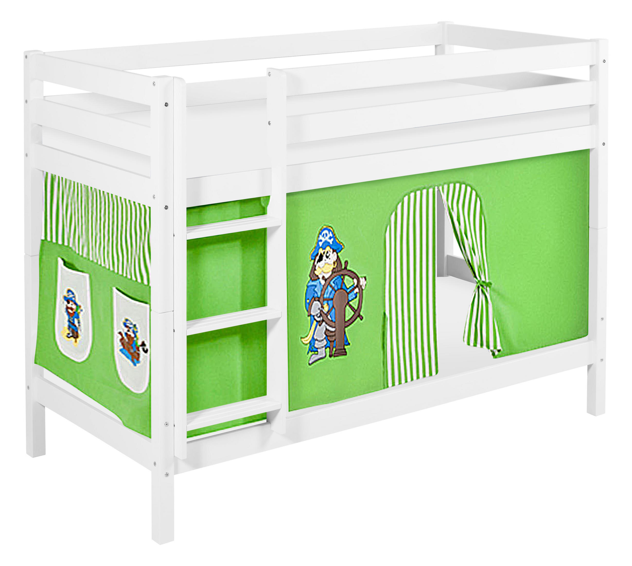 ETAGENBETT JELLE 90x190 cm Pirat grün gestreift - Hochbett - inkl. Vorhang und 2 Lattenrosten - Weiß, Holz - Lilokids