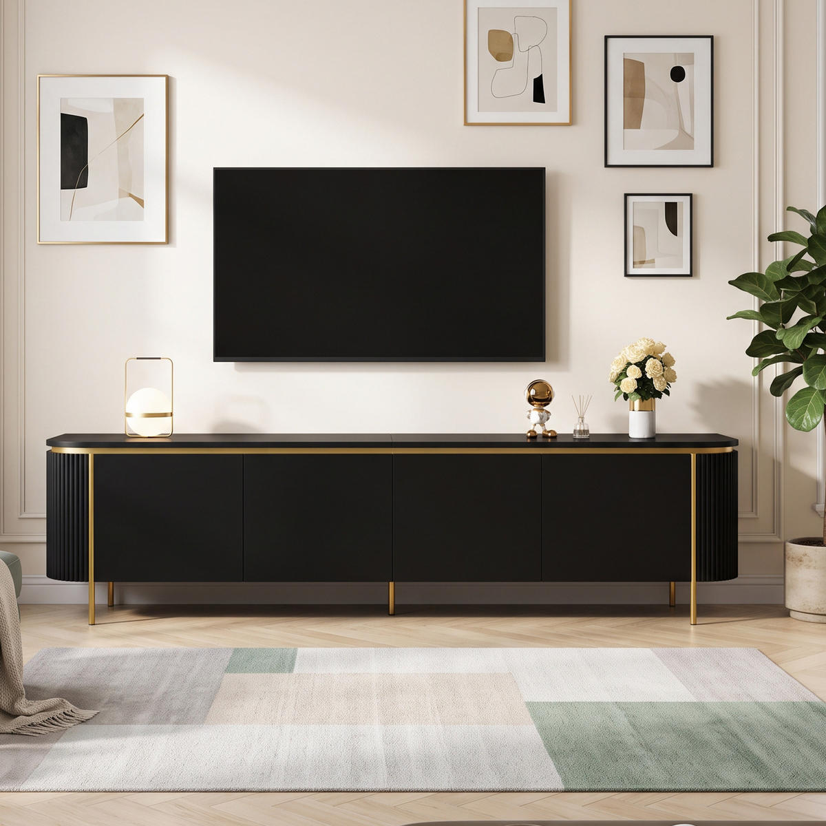 TV-LOWBOARD 180cm MDF Riffel-Optik 6 Türen Gold-Details - Schwarz, Holzwerkstoff (180/46/38cm) - Urban Meuble