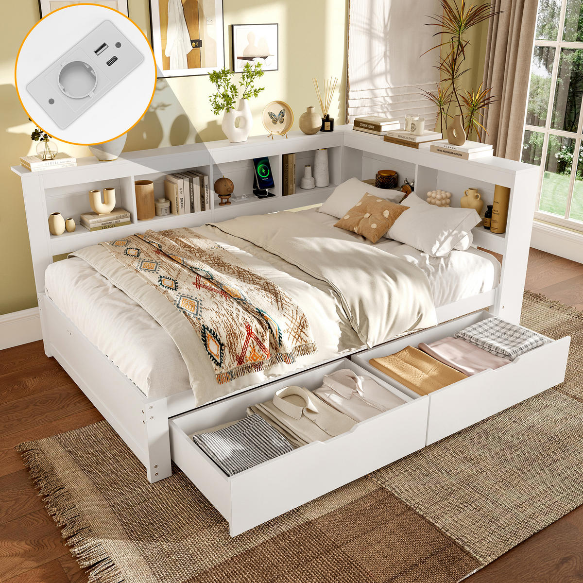 POLSTERBETT 140/200 cm mit 2 Schubladen, Ablagefächern, Steckdose und 2 USB-Anschlüssen, Weiß - Weiß, Holzwerkstoff (140/200cm) - Redom