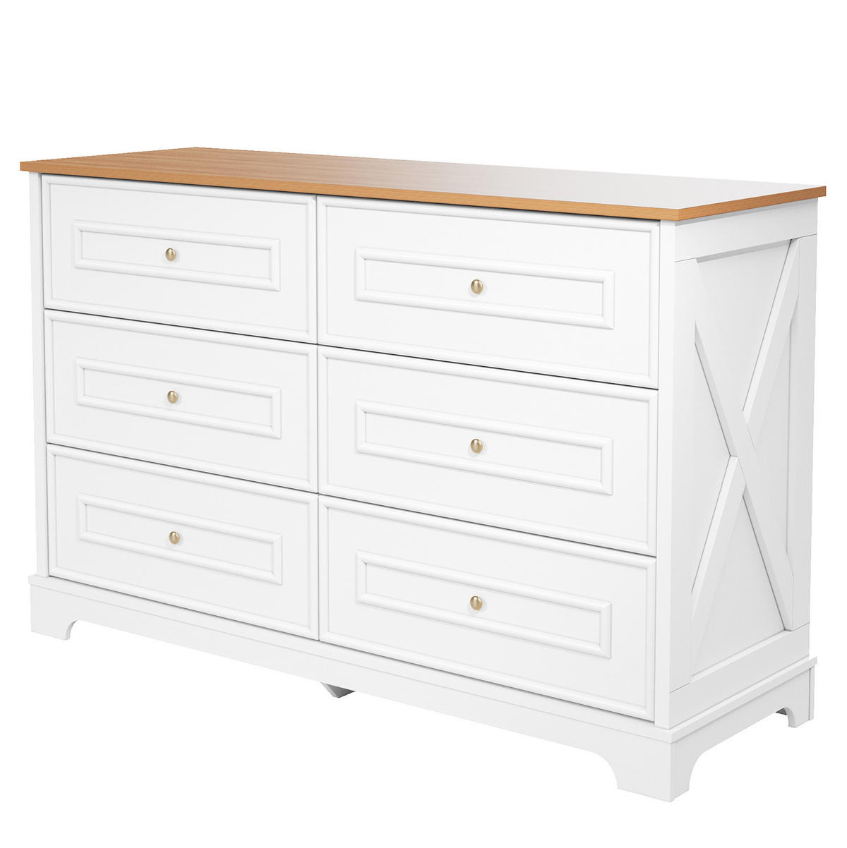 SIDEBOARD 120/40/76 cm in Weiß/Natur mit 6 Schubladen im Landhausstil - Weiß, Holzwerkstoff (120/76/40cm) - Flora Grace