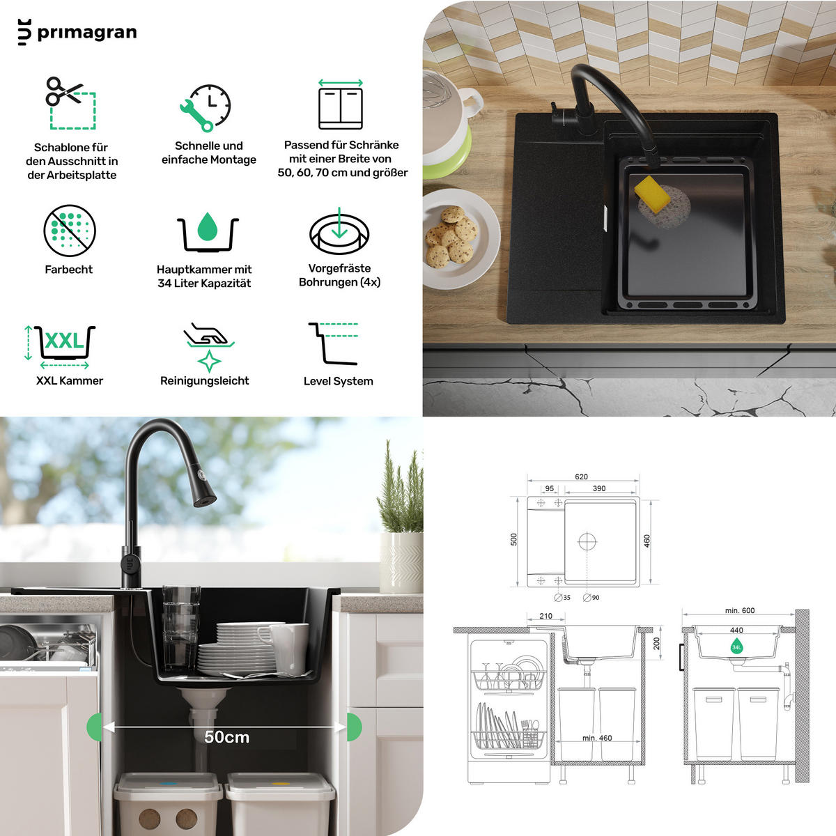 GRANITSPÜLE San Francisco, 2-er set Weiß 62/50 cm 1 Becken + Küchenarmatur 38/14 cm + Ablauf-Set + Aufrollbare Abtropffläche ab 50er Unterschrank - Chromfarben/Weiß, Kunststoff (62/20/50cm) - Primagran