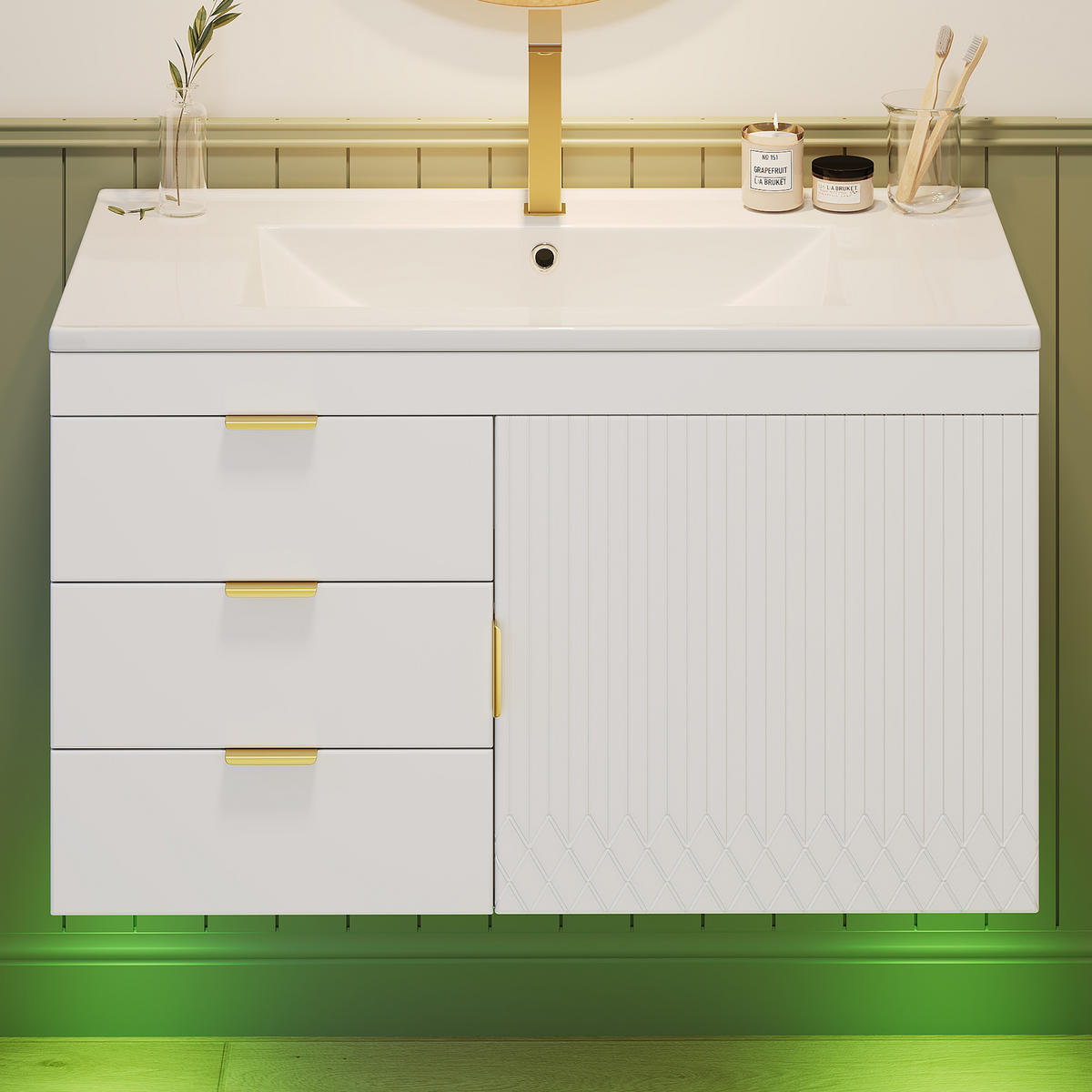 WASCHTISCHUNTERSCHRANK 76cm LED App Keramik Waschbecken Weiß - Weiß, Holzwerkstoff (76/51/46cm) - FLIEKS