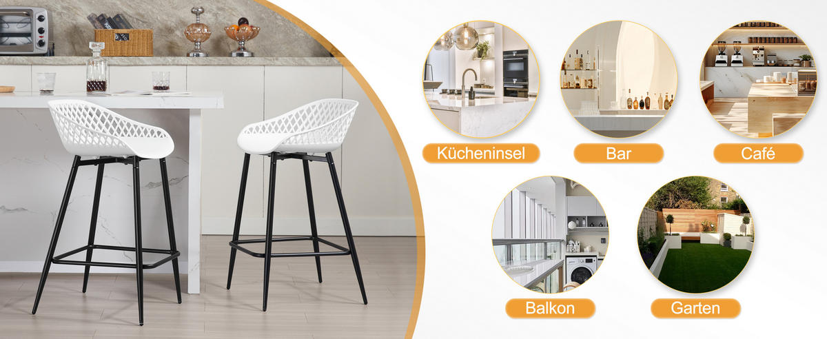 BARHOCKER 4er Set aus PP-Kunststoff, Weiß - Schwarz/Weiß, Kunststoff/Metall (44/84.5/47cm) - Woltu
