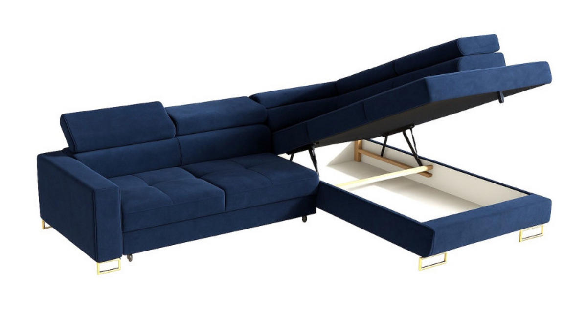 ECKSOFA Gold MERY Ausziehbar Mit Verstellbaren Kopfstützen Rechts - Dunkelblau, Textil (250/200cm) - Sepro Meble