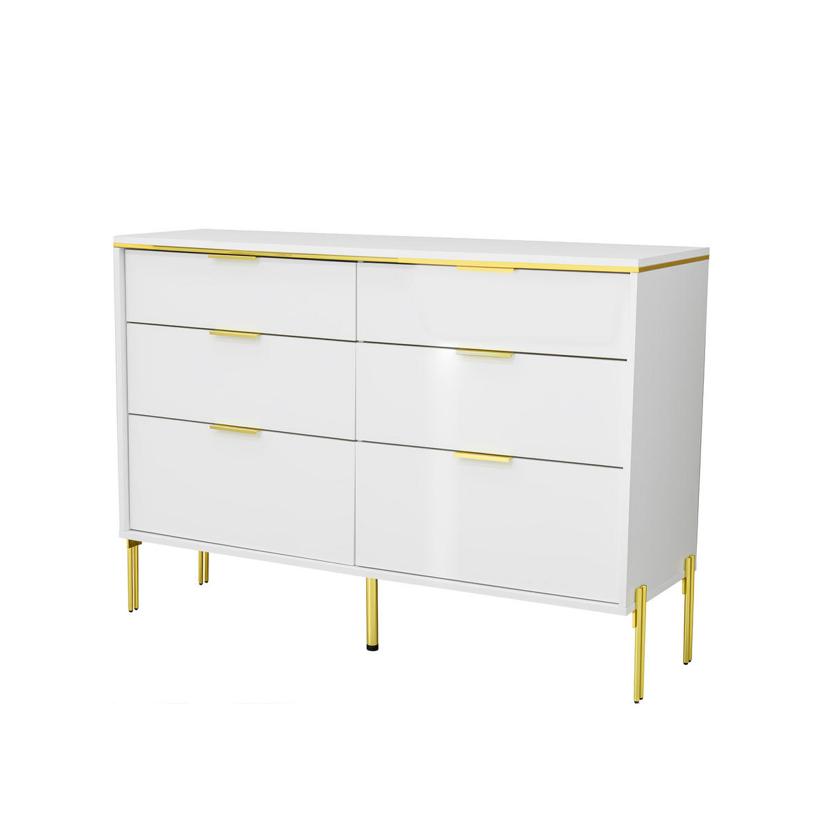 SIDEBOARD 6 Schubladen weiß gold Hochglanz - Weiß, Holzwerkstoff (120/85.5/40cm) - LEBENLANG