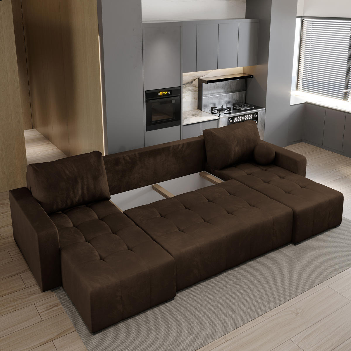 WOHNLANDSCHAFT TOLARI Braun Plüsch-Stoff mit Schlaffunktion - Braun, Holz (295/85/140cm) - MASSENO