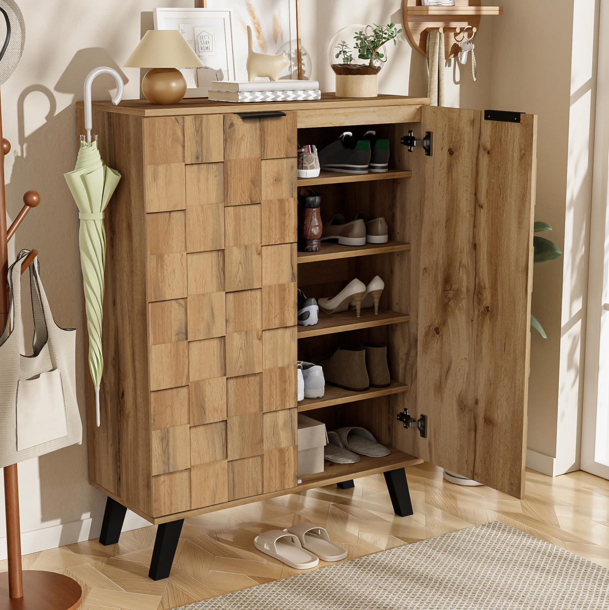 SCHUHSCHRANK 80,5/35/109,5 cm in Holzoptik mit 5 Fächern und verstellbaren Böden - Naturfarben, Holzwerkstoff (80.5/109.5/35cm) - Flora Grace
