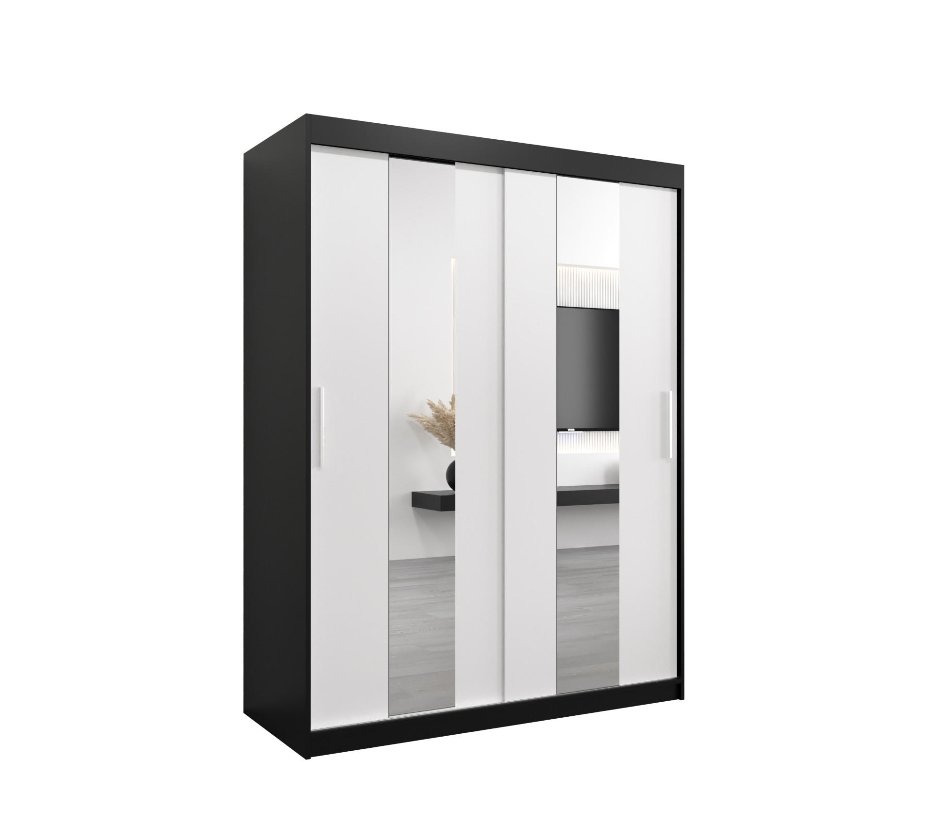 SCHWEBETÜRENSCHRANK 200/150/62 2-türig - Silberfarben/Schwarz, Holz/Kunststoff (150/200/62cm) - Abiks Möbel