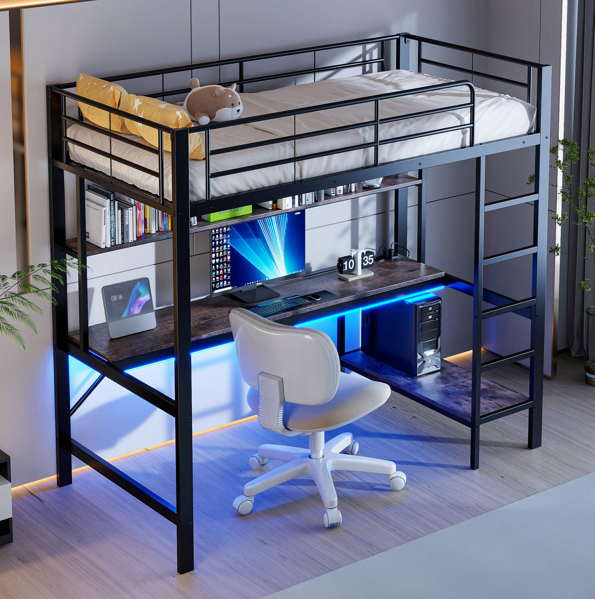 VYSOKÁ posteľ 90/200 cm čierna z kovu a MDF s písacím stolom policami LED osvetlením USB a zásuvkou - čierna, kov (90/200cm) - OKWISH