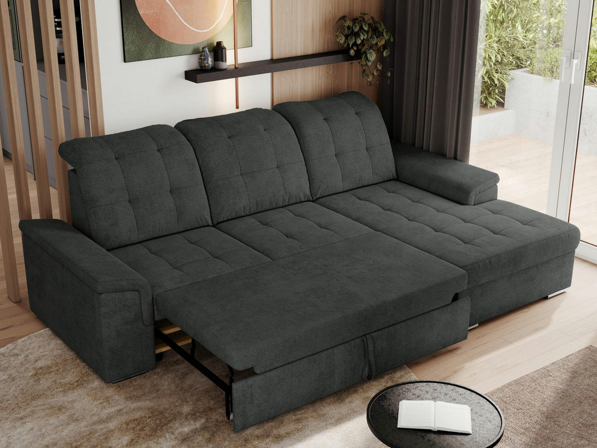 ECKSOFA MADRITO L - Dunkelgrau Struktur - Rechts - Dunkelgrau/Silberfarben, Textil/Metall (256/160cm)
