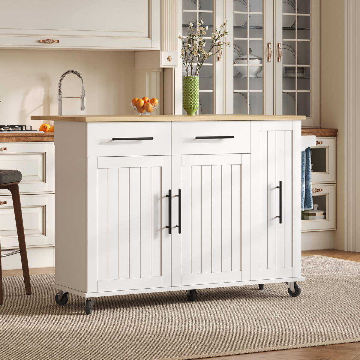 MOBILER Kücheninselwagen 120x65x90cm Weiß mit Auszug, Klappplatte & 5 Rollen - Weiß, Holzwerkstoff (120/90/65cm) - Modfu