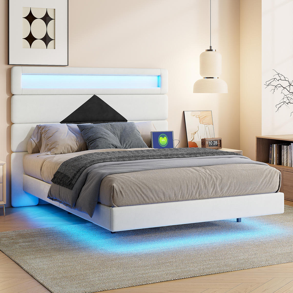 POLSTERBETT 140/190 cm beige Samt mit LED USB Kopfteil - Beige, Holz