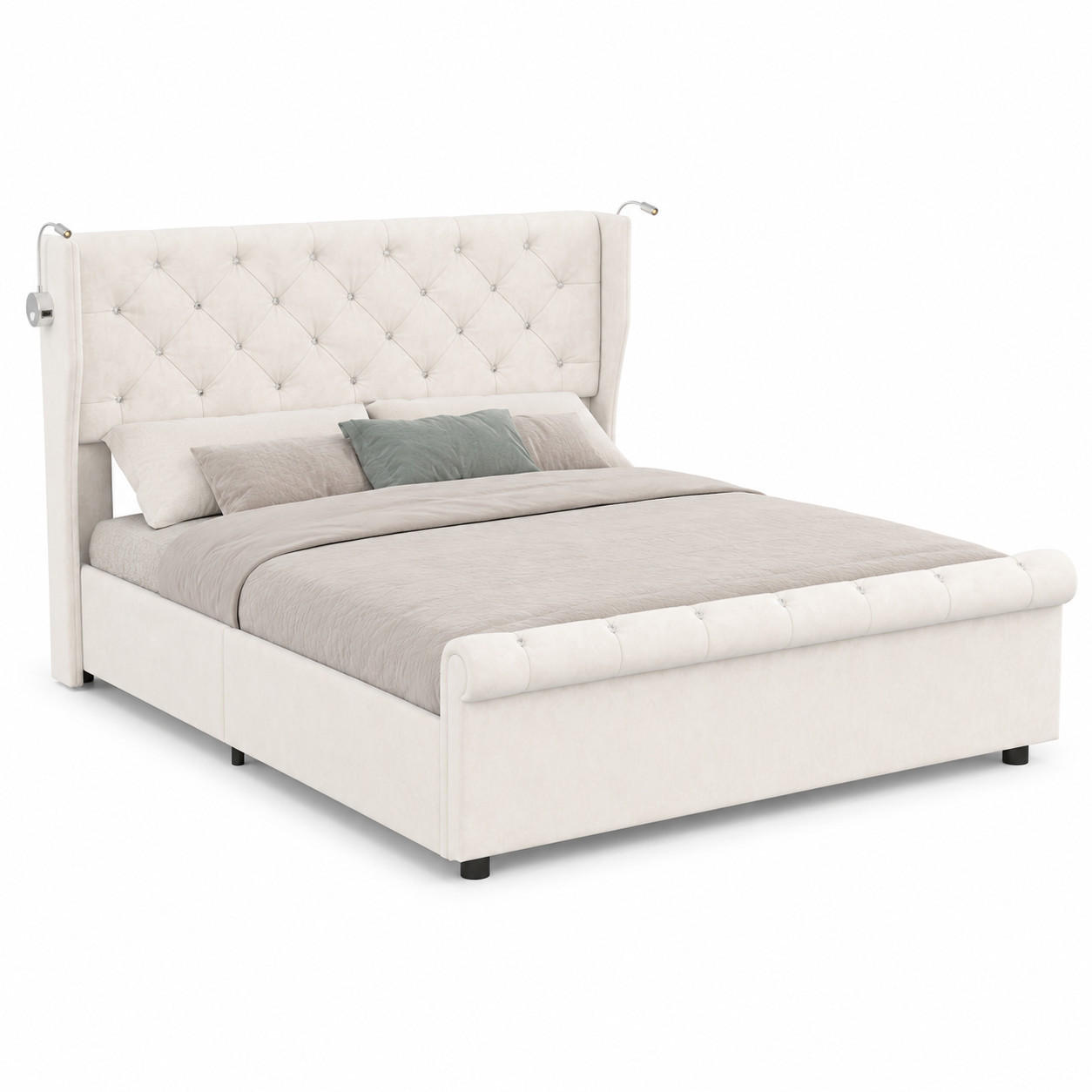 POLSTERBETT 140/190 cm mit Stauraum, USB‑Anschlüssen & Leselampen, Chesterfield‑Samtkopfteil - Beige, Holz/Metall (140/190cm) - Joyfair