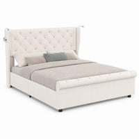POLSTERBETT 140/190 cm mit Stauraum, USB‑Anschlüssen & Leselampen, Chesterfield‑Samtkopfteil - Beige, Holz/Metall (140/190cm) - Joyfair
