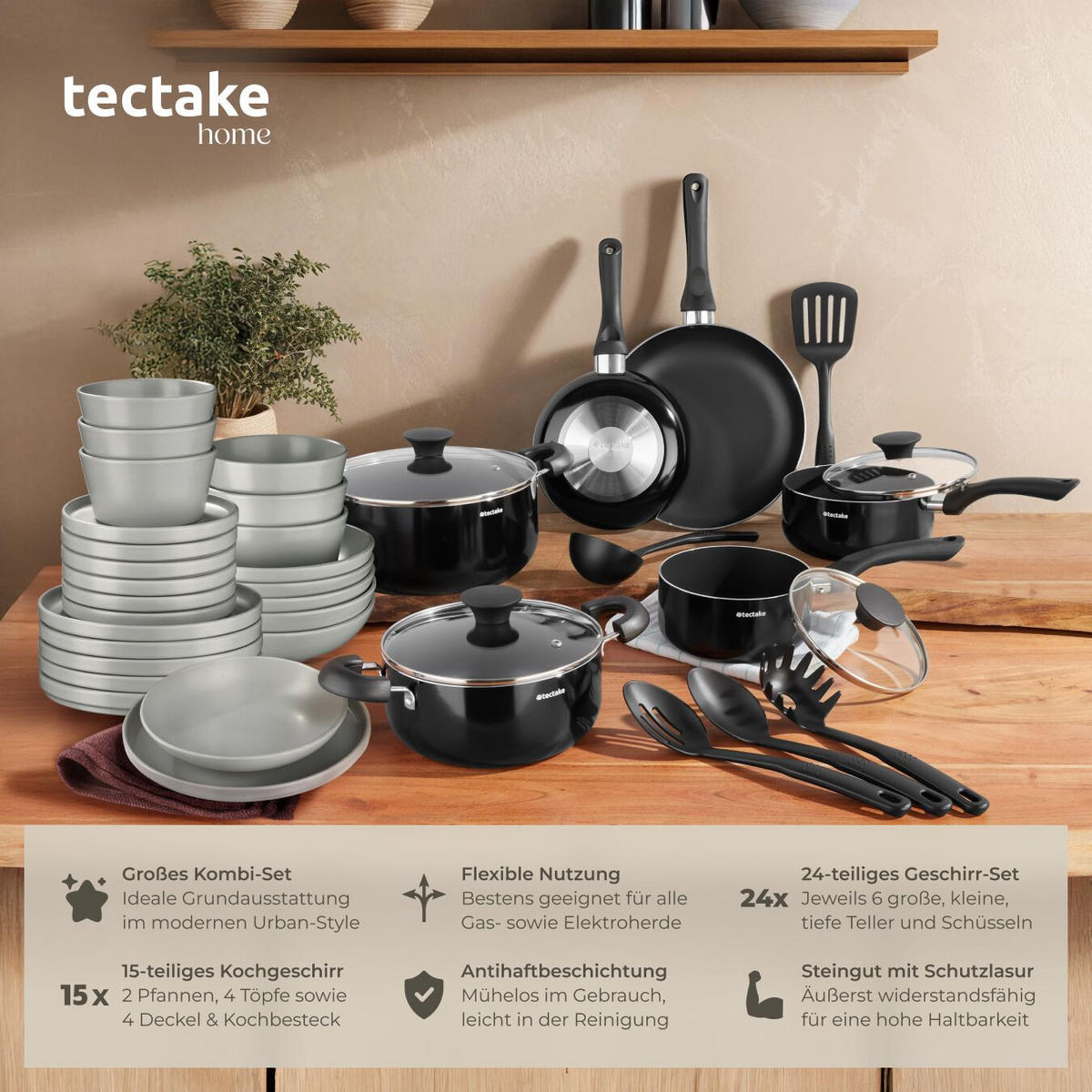 KÜCHENSTARTERSET Una/Varese, inklusive 5 Küchenwerkzeugen, grau/schwarz - Schwarz/Grau, Keramik (26/4.8/45.5cm) - tectake