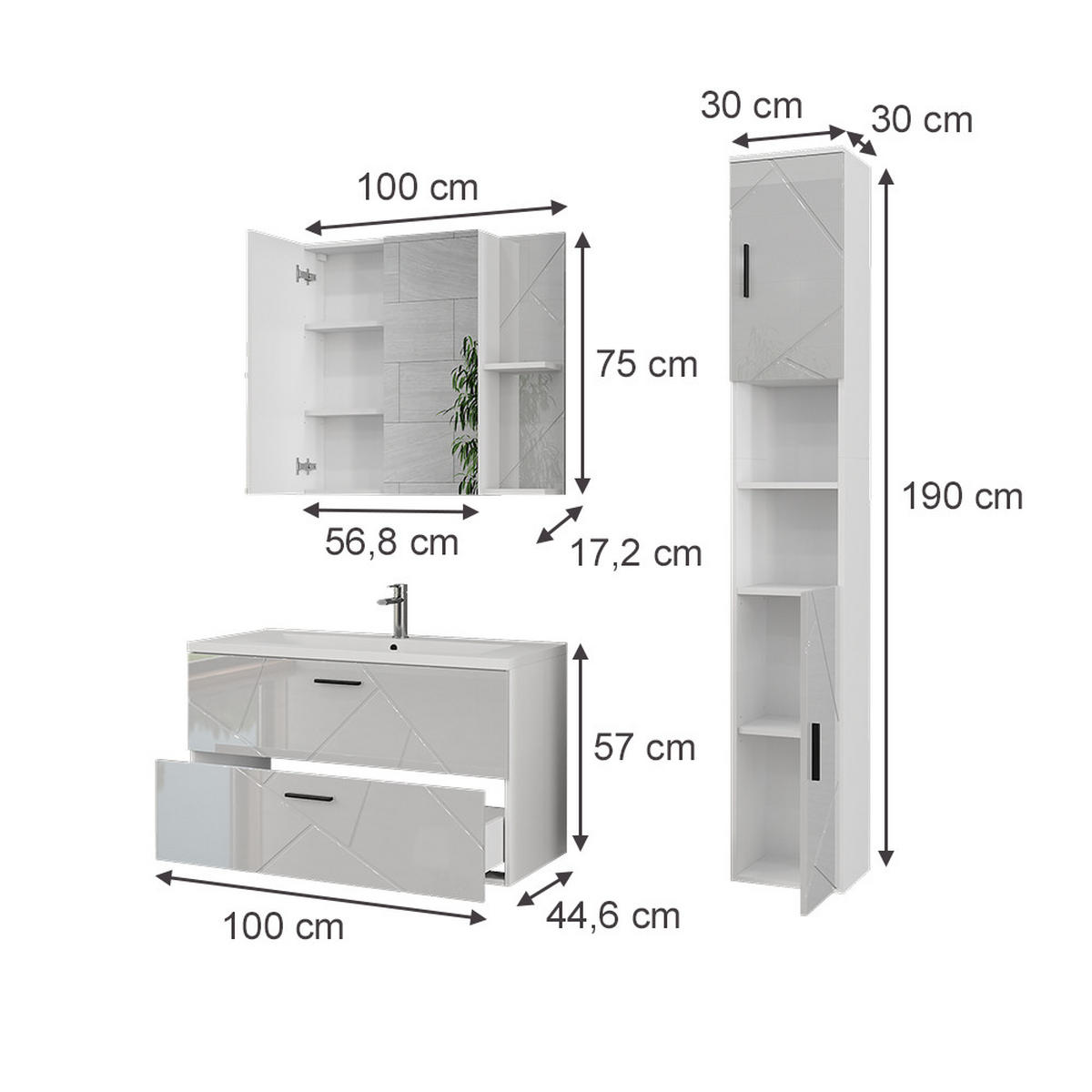 SÚPRAVA KÚPEĽŇOVÉHO NÁBYTKU Irma Biela/biela s vysokým leskom - biela s vysokým leskom, kompozitné drevo (100/57/44.6cm) - Vicco