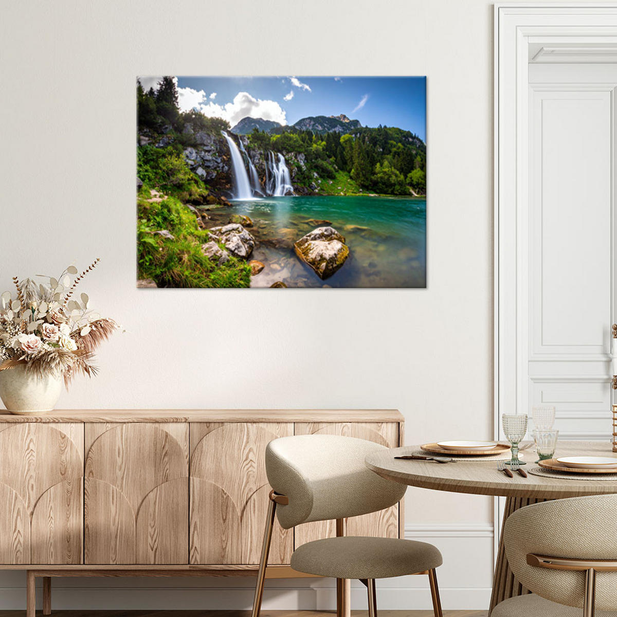 LEINWANDBILD Wasserfall Berge Landschaft Natur 120x80cm - Grün, Textil (120/80cm) - Feeby