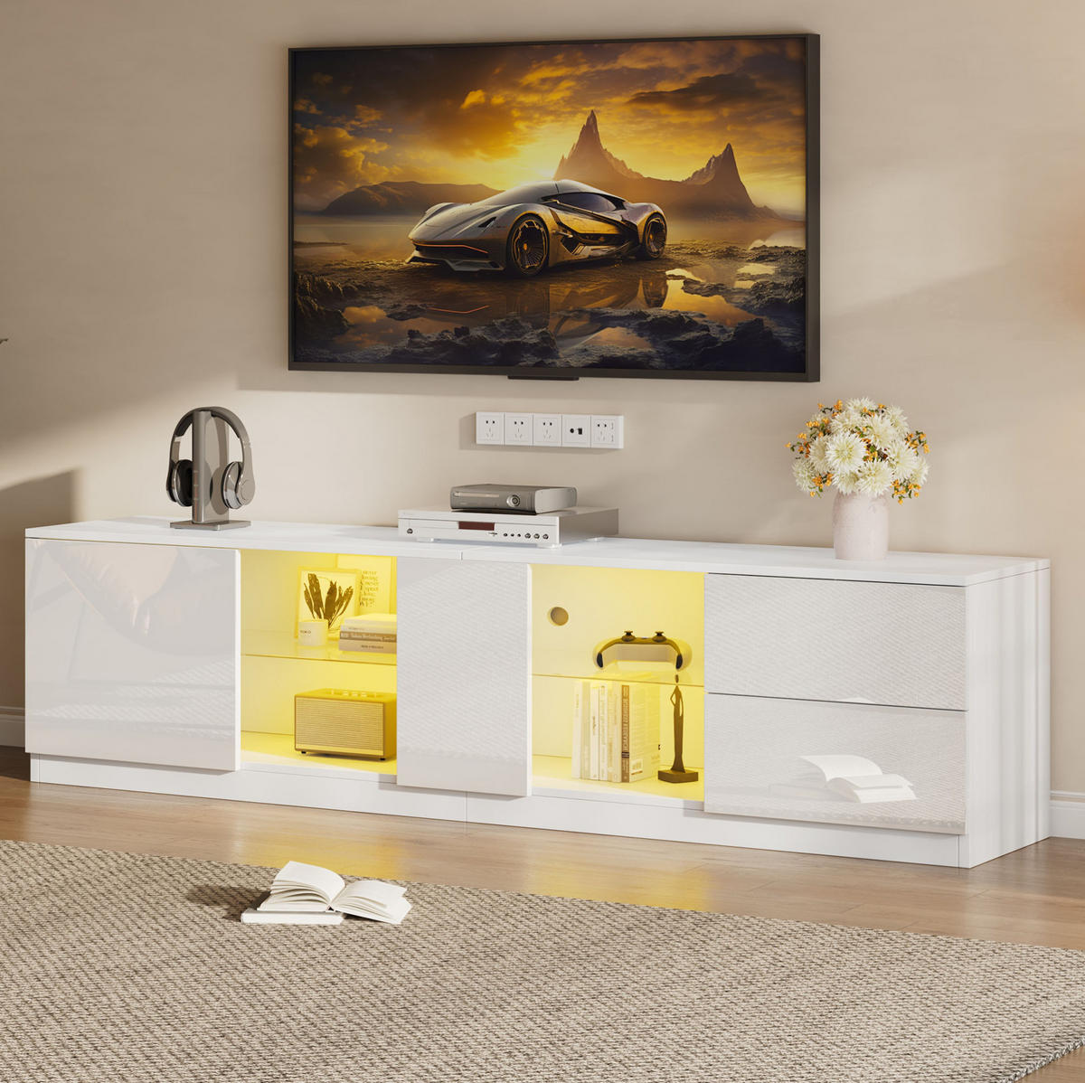 TV-ELEMENT mit LED 160 x 40 x 52 cm Weiß Hochglanz - Weiß, Holzwerkstoff (40/52/160cm) - Beauniv