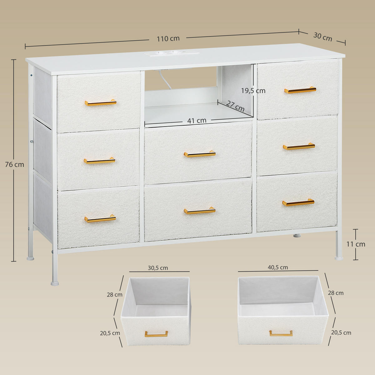 KOMMODE, Aufbewahrungsschrank mit 8 Schubladen aus Stoff, Stahlrahmen, Cremeweiß - Goldfarben/Creme, Textil/Metall (30/76/110cm) - HOMCOM