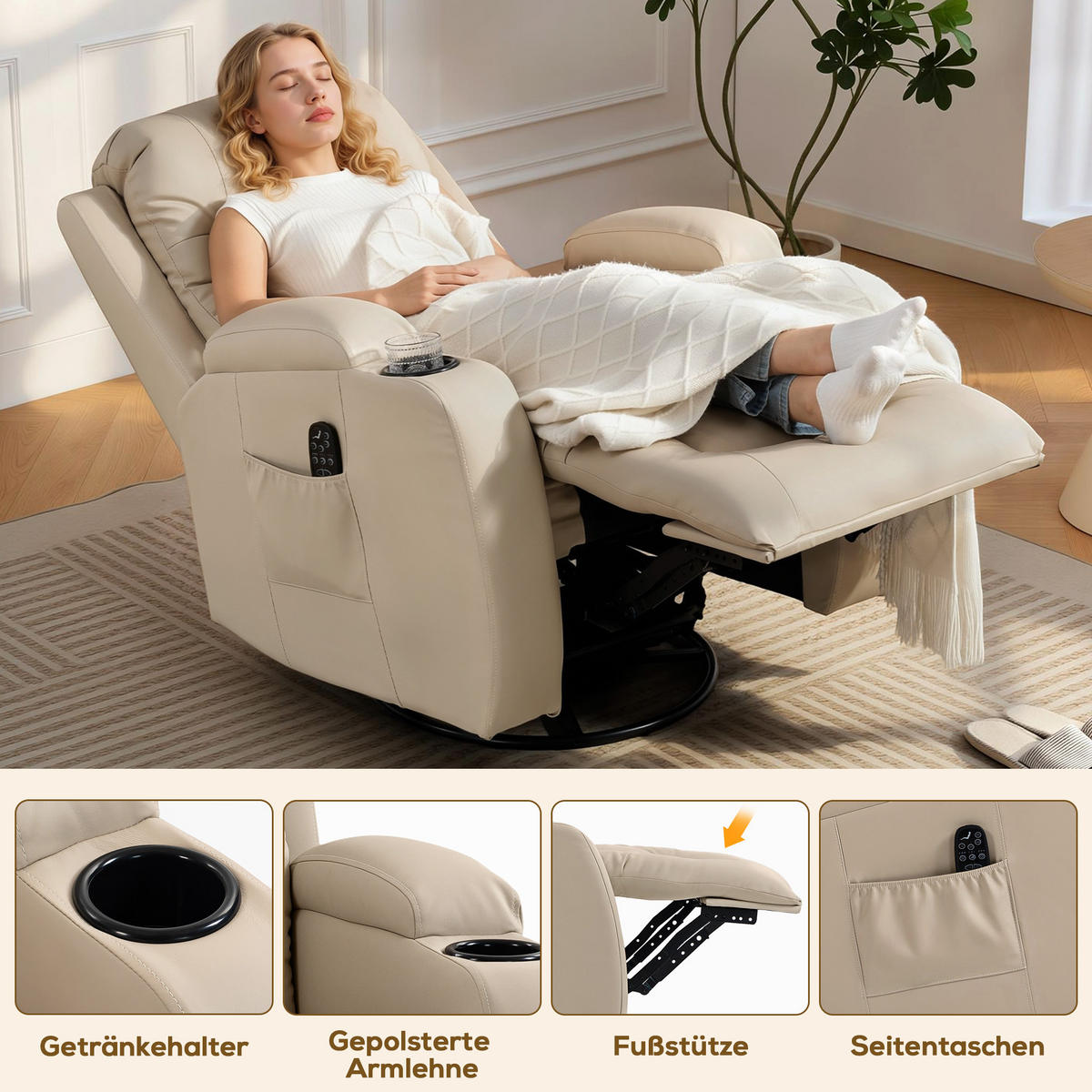 RELAXSESSEL elektrisch verstellbar Massagesessel mit Liegefunktion, Heizung - Hellgrau/Creme, Textil (82/103/99cm) - HOMCOM
