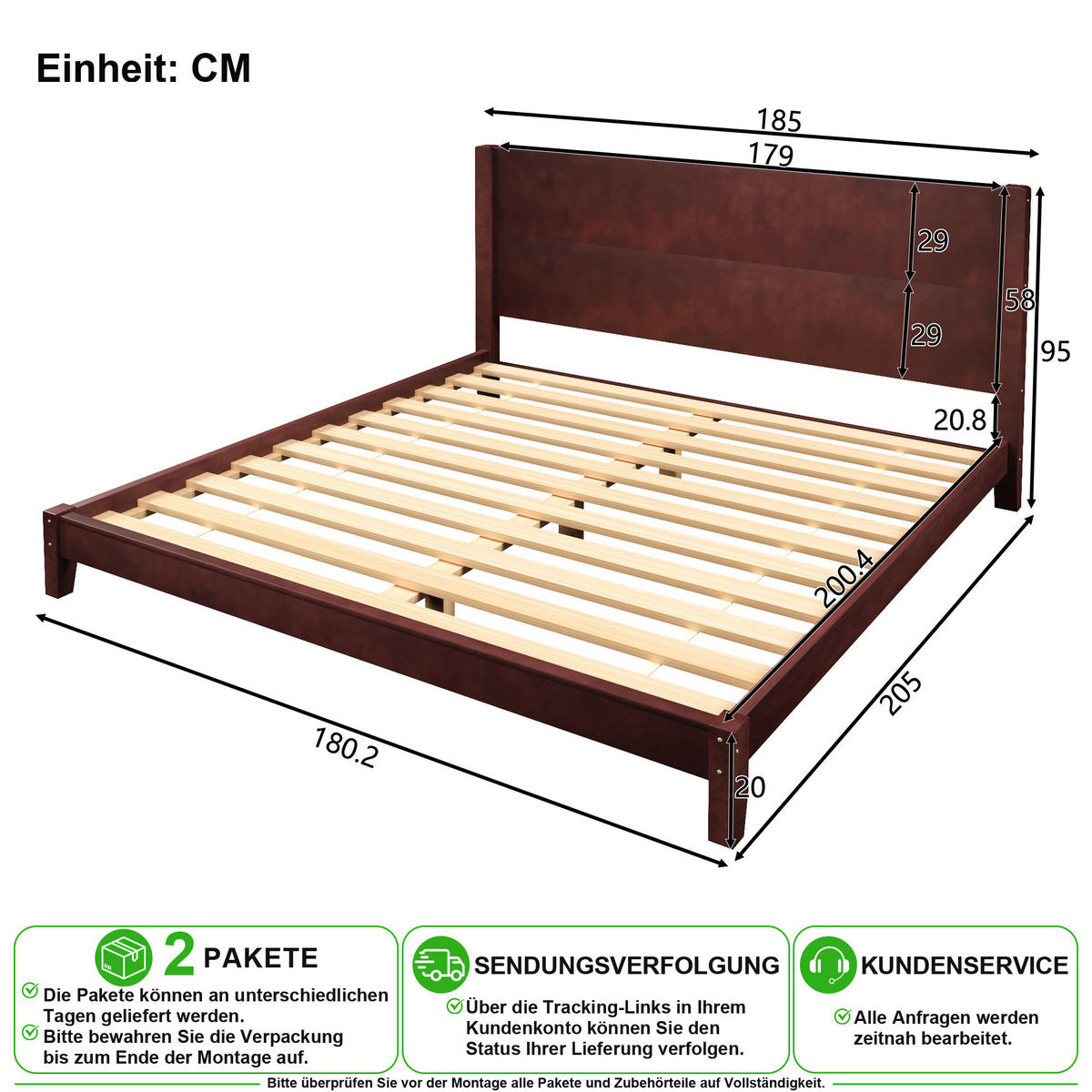 BETT 180/200 cm in Braun mit Kopfteil und Lattenrost aus Holz - Braun, Holz/Holzwerkstoff (180/200cm) - CHICFURN