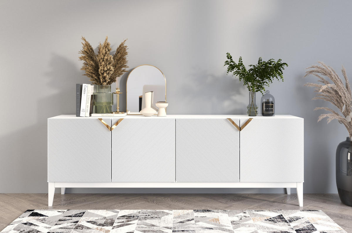 SIDEBOARD Demi Long, Weiß-Gold, Mit Gefrästen Fronten, Massive Buche - Goldfarben/Weiß, Holz/Holzwerkstoff (201.5/70/42cm) - Visby