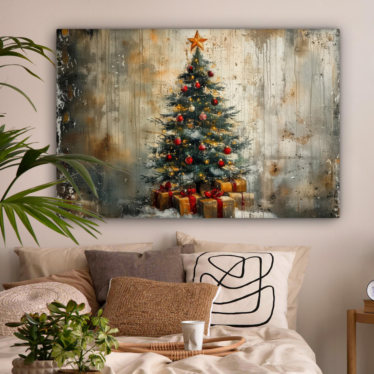 LEINWANDBILD Weihnachtsbaum - Vintage - Weihnachten - Geschenk Wohnzimmer Groß 120x80 cm - Rostfarben, Textil (120/80cm) - MuchoWow