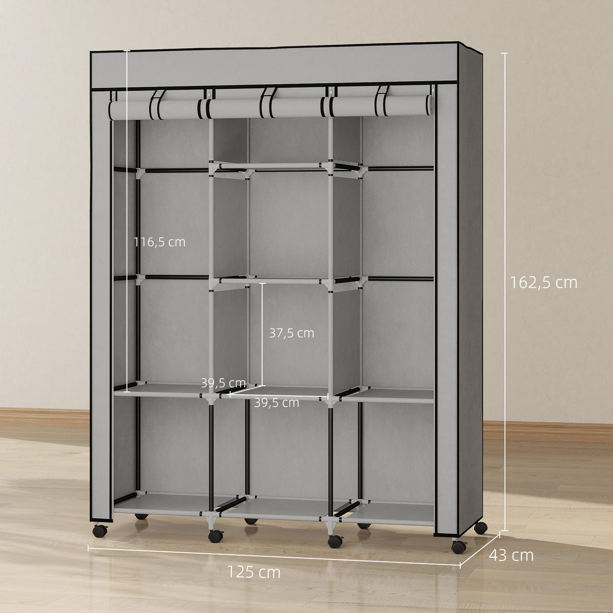 STOFFSCHRANK Faltschrank Kleiderschrank mit Kleiderstangen 8 Ebenen Hellgrau - Hellgrau/Schwarz, Kunststoff/Textil (43/162.5/125cm) - HOMCOM
